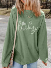 Lucky rhinestone round neck long sleeve corduroy sweatshirt in green