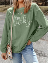 Green lucky rhinestone round neck long sleeve corduroy sweatshirt with shamrock
