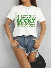 White lucky round neck short sleeve T-shirt with green LUCKY print