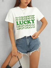 White Lucky Round Neck Short Sleeve T-Shirt with LUCKY Text