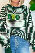 Lucky Striped Round Neck Long Sleeve Sweatshirt in green and white