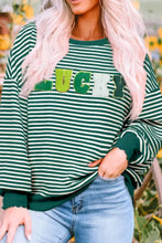 Lucky Striped Round Neck Long Sleeve Sweatshirt in Green and White