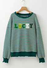Lucky Striped Round Neck Long Sleeve Sweatshirt in Green and White