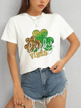 Lucky Vibes Round Neck Short Sleeve T-Shirt with Shamrock Graphic