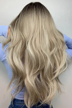 Long wavy ash blonde wig with dark roots, machine long wave, heat safe, basic cap
