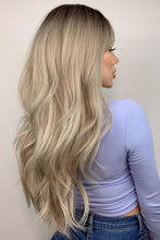 Machine long wave ash blonde wig with dark roots, heat safe basic cap