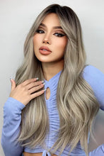 Woman in machine long wave ash blonde wig with dark roots, heat safe basic cap