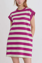 Magenta and White Striped Sleeveless T-Shirt Dress