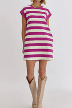 Magenta and White Striped Sleeveless T-Shirt Dress