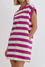 Magenta and White Striped Sleeveless T-Shirt Dress