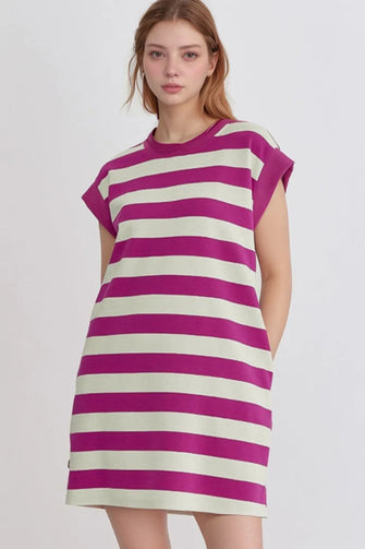 Magenta and White Striped Sleeveless T-Shirt Dress Red-Violet