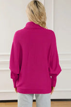 Magenta merry letter embroidered high neck sweater with balloon sleeves
