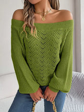 Green off-the-shoulder long sleeve knit sweater with lace detailing