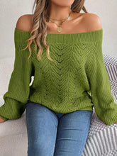 Olive green off-the-shoulder long sleeve knit sweater with leafy pattern