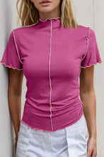 Magenta Short Sleeve Top with White Stitching in Stretch Viscose Blend Hot Pink