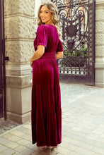 Magenta velvet maxi dress with pockets and pleated skirt