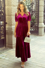 Magenta velvet maxi dress with pockets, short sleeves and deep V-neckline