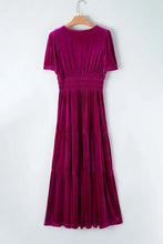 Magenta velvet maxi dress by Talbots with short sleeves and pockets