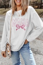 Light gray mama graphic sweatshirt with round neck, shoulder seam, bow design