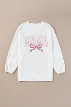 White long-sleeved round neck sweatshirt with mama text, pink bow, shoulder seam