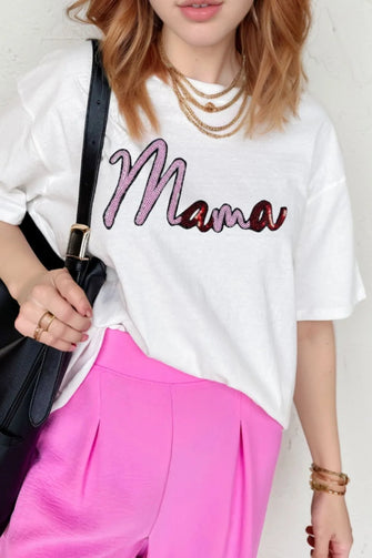 Mama Graphic Tee with Pink Cardigan for Women White