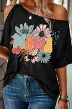 Black off-the-shoulder half sleeve T-shirt with colorful floral MAMA graphic