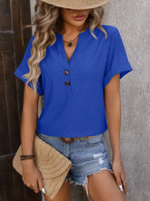 Mandy eyelet notched short sleeve t-shirt in royal blue v-neck with brown buttons