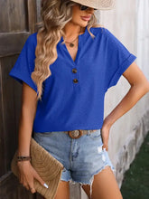 Mandy eyelet notched short sleeve T-shirt in royal blue with denim shorts