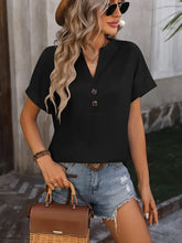 Mandy Notched Buttoned Short Sleeve T-Shirt Black Woman T Shirts