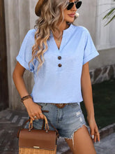 Light blue Mandy notched buttoned short sleeve V-neck blouse