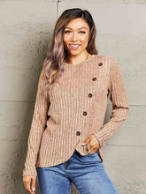 Beige Mandy ribbed round neck buttoned long sleeve sweater