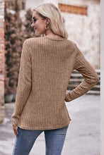 Beige Mandy ribbed round neck buttoned long sleeve top