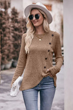 Mandy ribbed round neck buttoned long sleeve top in beige