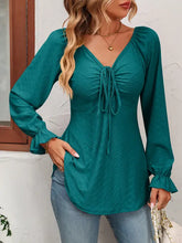 Mandy Tie Front V-Neck Puff Sleeve Blouse Turquoise Woman Blouses