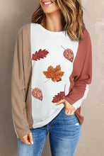 Women’s maple leaf round neck long sleeve color block top with glittery autumn leaves print