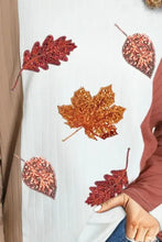 White maple leaf round neck long sleeve T-shirt with embroidered autumn leaves