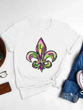 White Mardi Gras graphic round neck short sleeve T-shirt with colorful fleur-de-lis