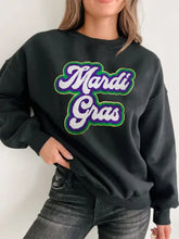 Mardi Gras round drop shoulder sweatshirt in black with chenille lettering