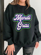 Mardi Gras Round Black Drop Shoulder Sweatshirt with Colorful Lettering