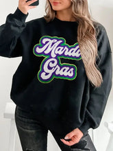 Mardi Gras round black drop shoulder sweatshirt with chenille lettering