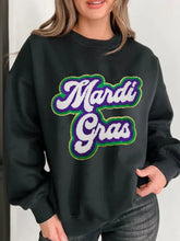 Mardi Gras round black drop shoulder sweatshirt with purple green text