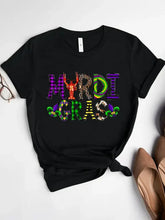 Black Mardi Gras round neck short sleeve t-shirt with graphic