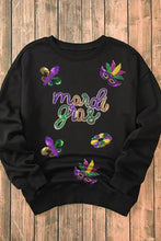 Mardi Gras sequin round neck sweatshirt with festive masks in purple, green, gold