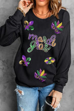 Black Mardi Gras sequin round neck sweatshirt with festive decorations