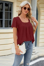 Burgundy eyelet square neck short sleeve pleated blouse for women
