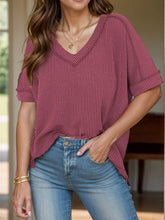 Maroon Striped Short Sleeve Ribbed V-Neck Shirt for Women Burgundy