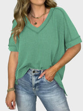 Maroon Striped Short Sleeve Ribbed V-Neck Shirt for Women Green