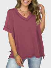 Maroon Striped Short Sleeve Ribbed V-Neck Shirt for Women