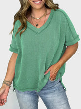 Maroon Striped Short Sleeve Ribbed V-Neck Shirt for Women