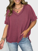 Maroon Striped Short Sleeve Ribbed V-Neck Shirt for Women